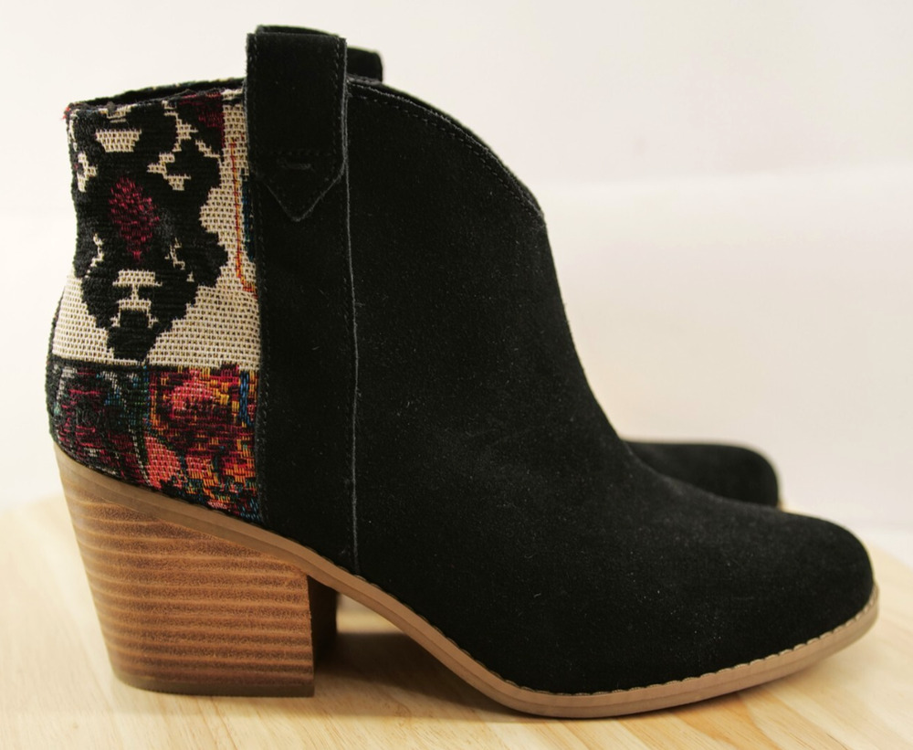 Toms Constance Womens Western Boots Sz 8.5 Black Suede Global Woven Pull-On Boot